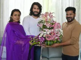 Mr. and Mrs. Mahesh Babu with Revanth Reddy (left to right)