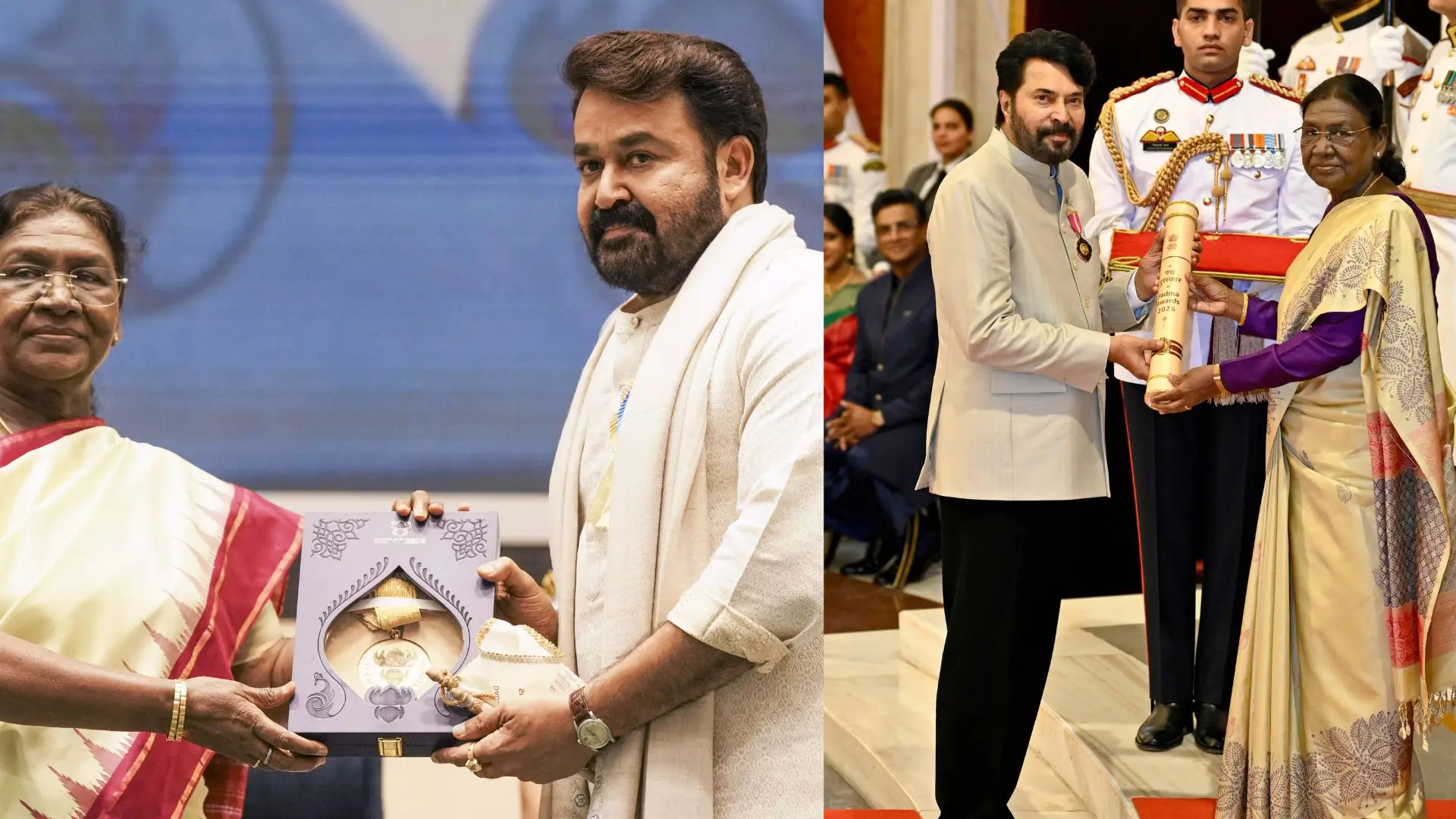 Untitled desMohanlal & Mammootty (left to right) receiving their respective honors for their contributions to Malayalam cinema.ign Mohanlal & Mammootty (left to right) receiving their respective honors for their contributions to Malayalam cinema.