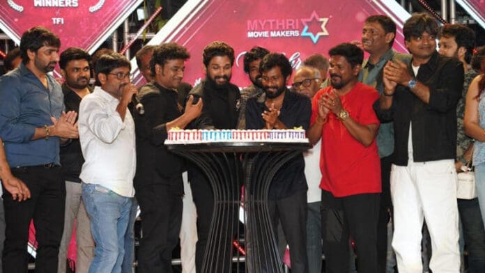 Mythri Movie Makers team hosted a big party for National award winners Allu Arjun, Rajamouli and others