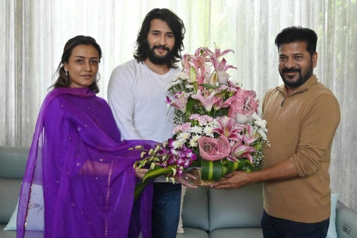 Mr. and Mrs. Mahesh Babu with Revanth Reddy (left to right)