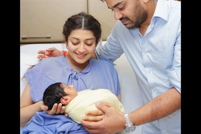 Pranitha Subhash with her husband and new-born baby.