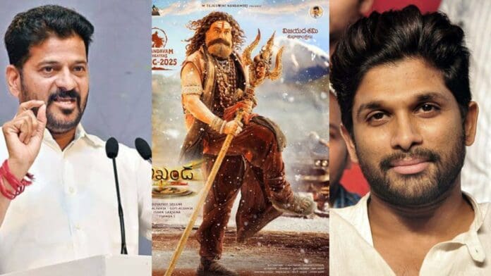 Alllu Arjun and Telangana Chief Minister Revanth Reddy together on stage for Balakrishna's Akhanda 2 pre-release event.